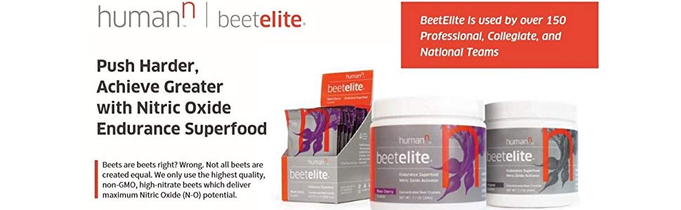 HumanN BeetElite beet powder endurance supplement in a 7.1oz container, boosting nitric oxide and athletic endurance.