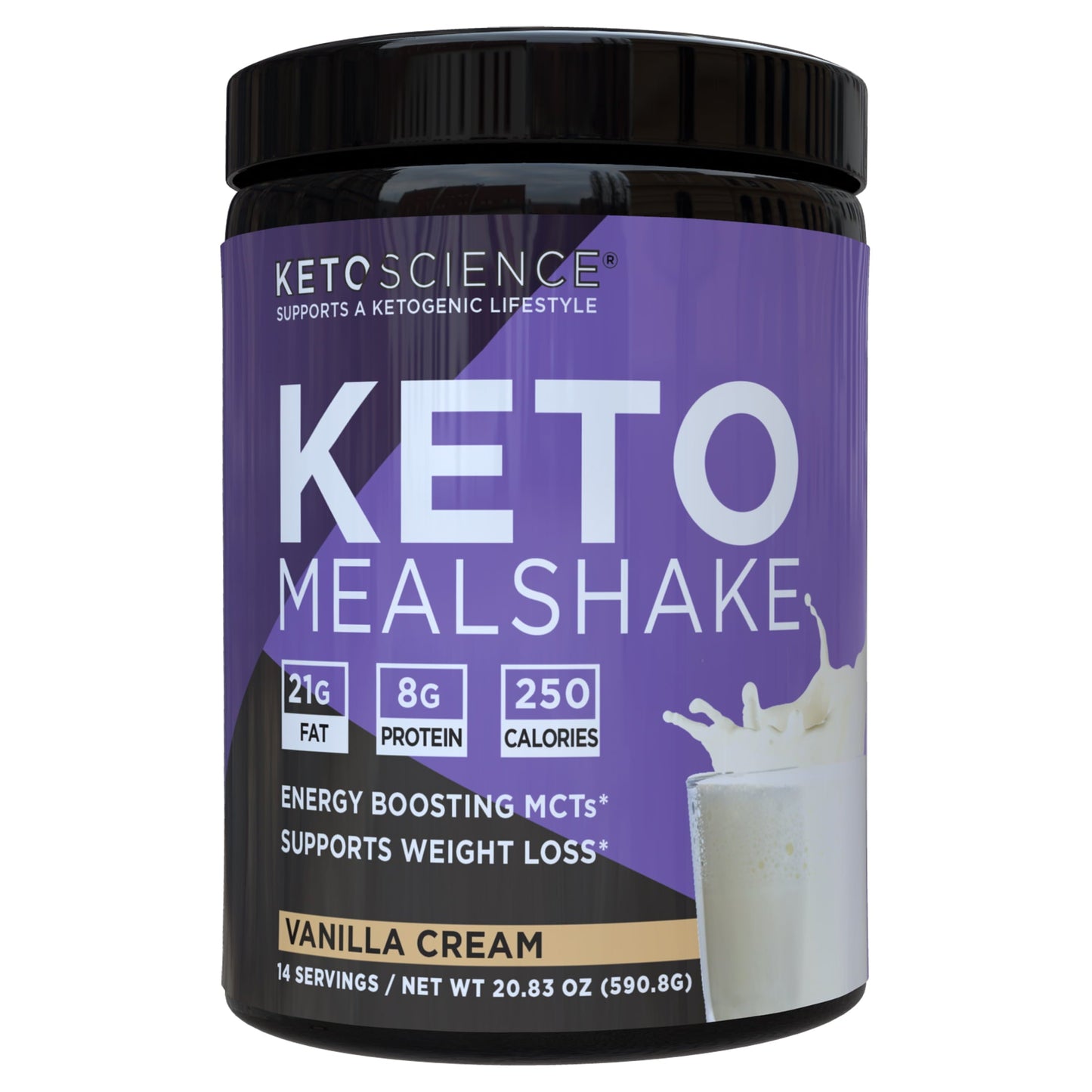Keto Science ketogenic meal shake in vanilla flavor, 20.7 oz container with 14 servings, dietary supplement.