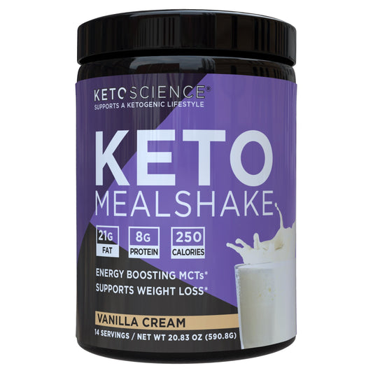 Keto Science ketogenic meal shake in vanilla flavor, 20.7 oz container with 14 servings, dietary supplement.