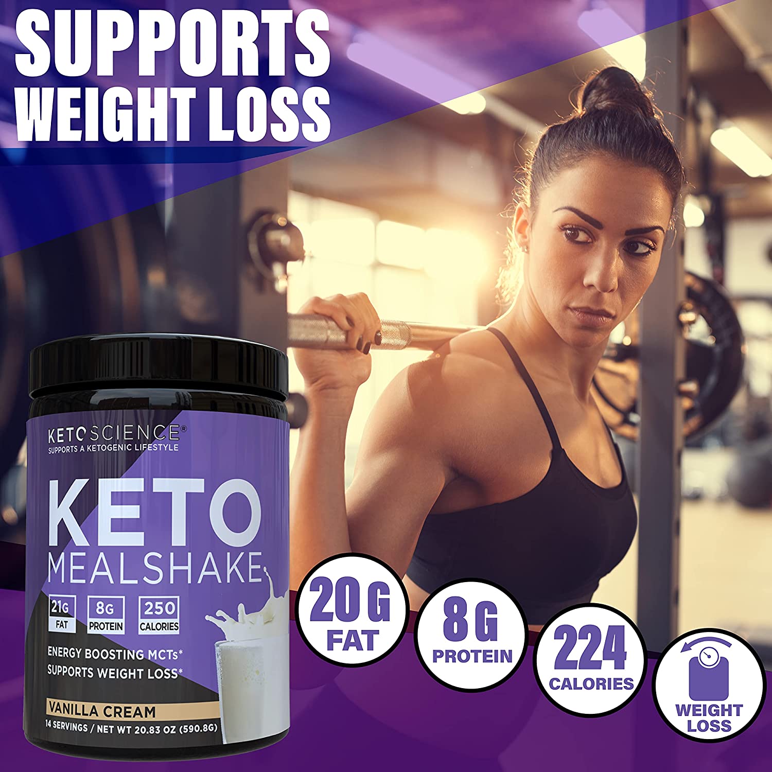Keto Science Vanilla Ketogenic Meal Shake dietary supplement in 20.7 oz bottle with 14 servings, for low-carb nutrition.