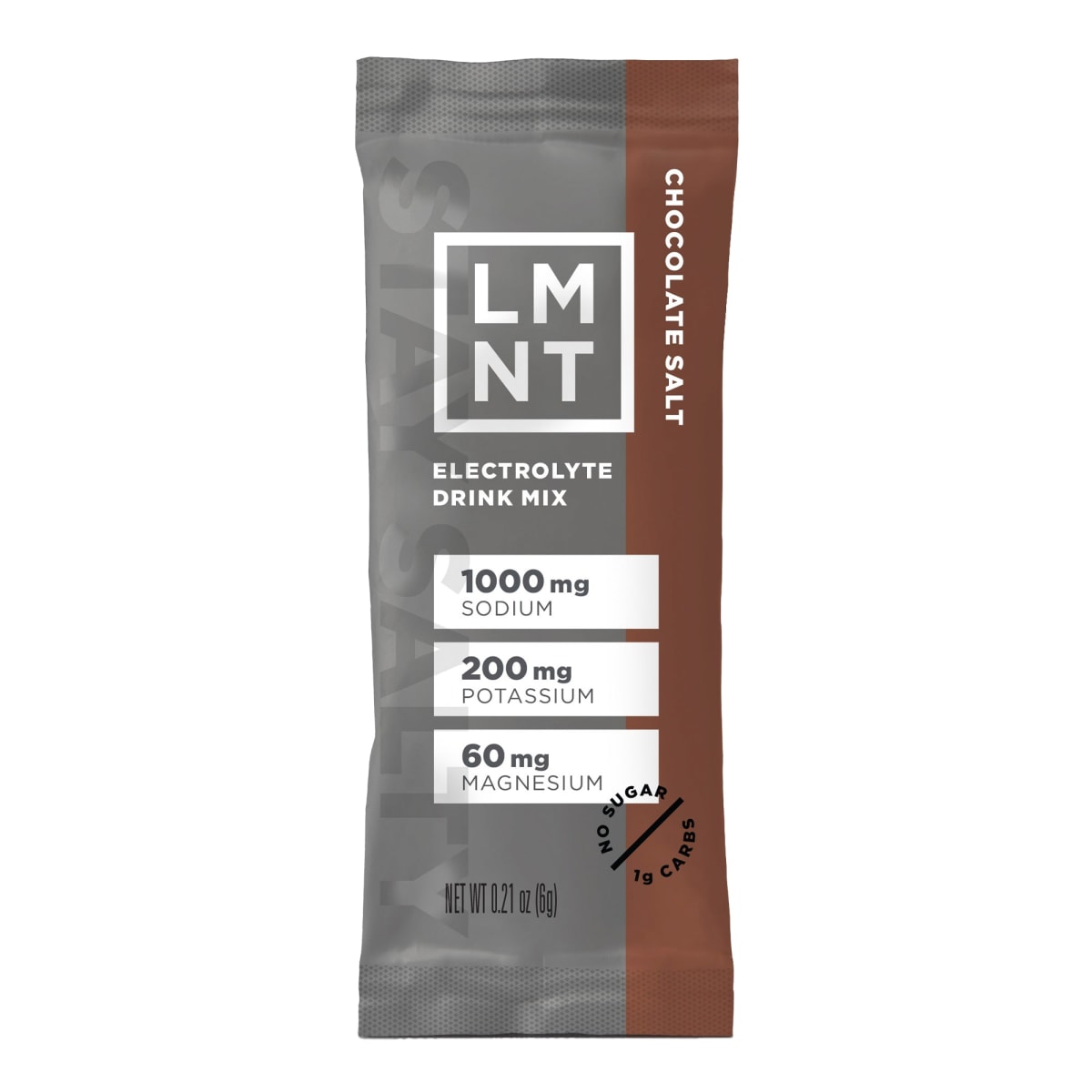 LMNT Electrolyte Replacement drink mix in chocolate salt flavor, paleo-keto friendly, zero sugar, hydration supplement.