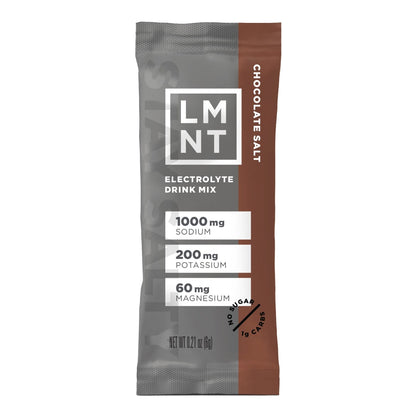 LMNT Electrolyte Replacement drink mix in chocolate salt flavor, paleo-keto friendly, zero sugar, hydration supplement.