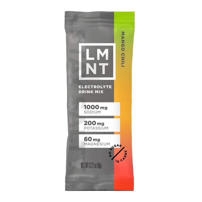 LMNT Electrolyte Replacement drink mix in chocolate salt flavor, paleo-keto friendly, zero sugar, hydrating electrolyte supplement.