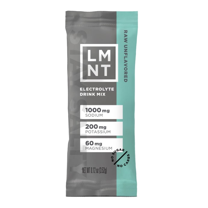 LMNT Electrolyte Replacement drink mix with chocolate salt flavor, paleo-keto friendly, zero sugar, hydration supplement in a packet.