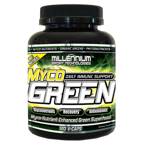 MycoGreen 120 Veg Caps by Millennium Sport Technologies, showing a bottle with green and white labeling on a wooden surface.
