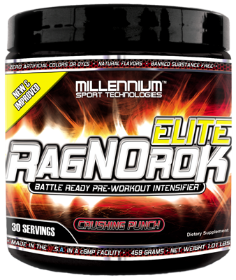 RagNOrok-ELITE by Millennium Sport, 1.01 lb. (30 servings), showing the supplement container with label details and product branding.