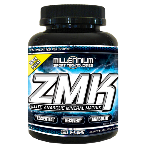 ZMK 120 Veg-Caps by Millennium Sport Technologies, dietary supplement capsules in a white bottle, displayed on a white background.