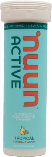 Nuun Active Hydration single flavor 8-pack, electrolyte drink tablets in a clear plastic container with colorful packaging.