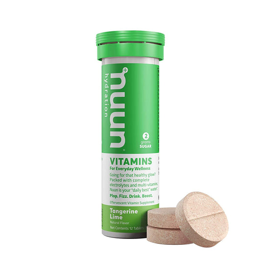 Nuun Hydration Vitamins + Electrolyte Drink Tablets in a single tube, showcasing vibrant packaging and product details.