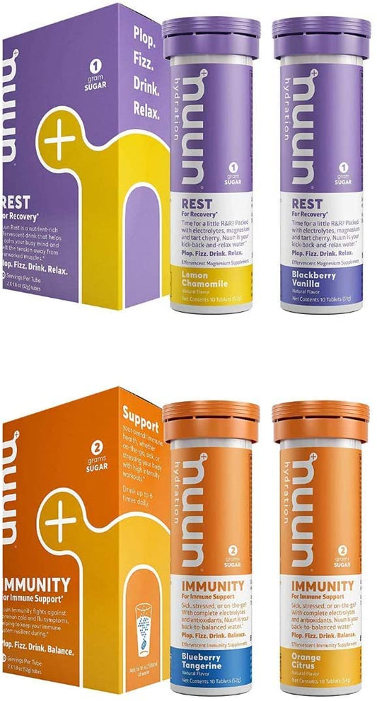 NUUN Hydration Rest Plus electrolyte replacement pack with 4 variety packs, supporting immunity, recovery, and sleep.