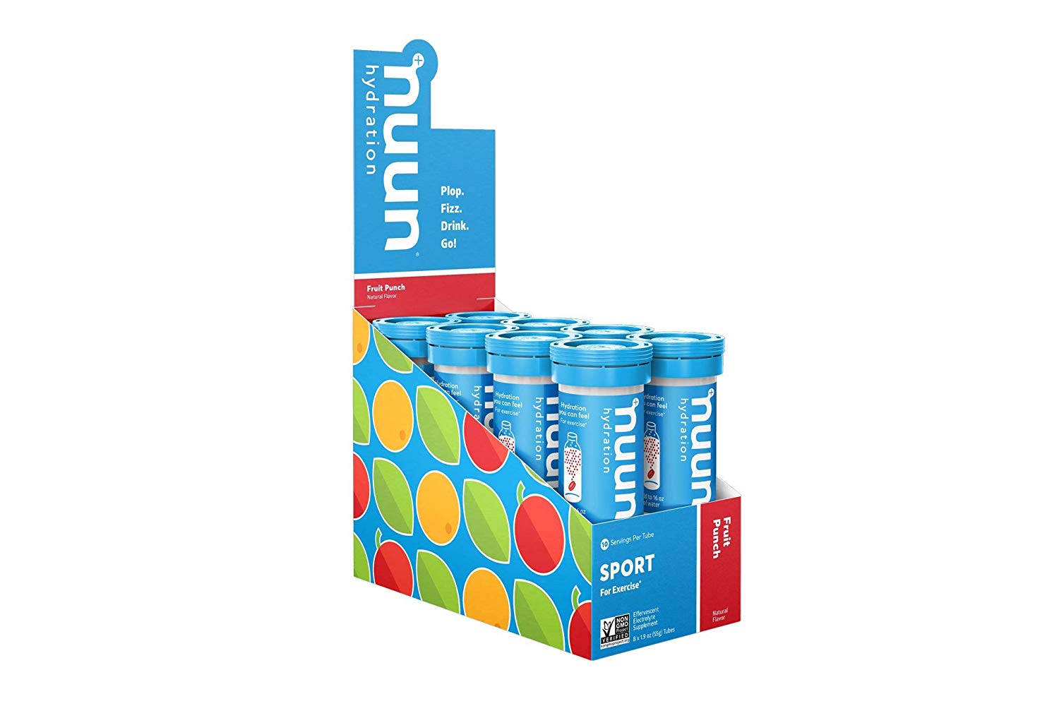 Nuun Sport electrolyte tablets in fruit punch flavor, packaged in a box of 8 tubes for hydration and replenishment.