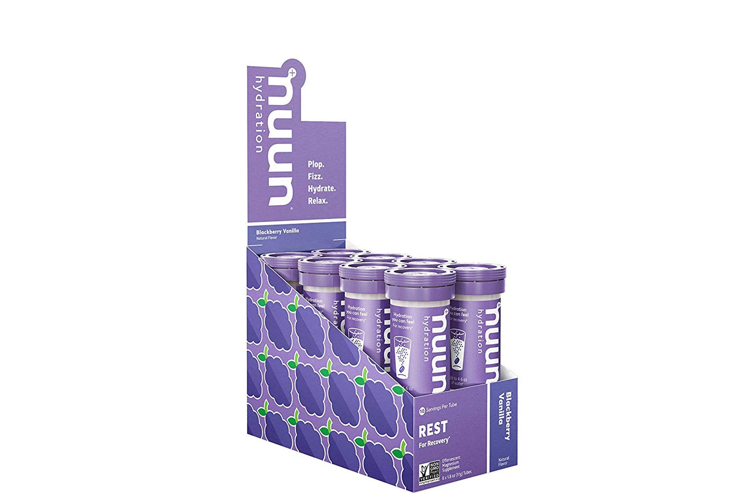 Nuun Rest sleep aid drink tablets in blackberries and vanilla flavor, packaged in a box of 8 tubes for relaxation and stress relief.