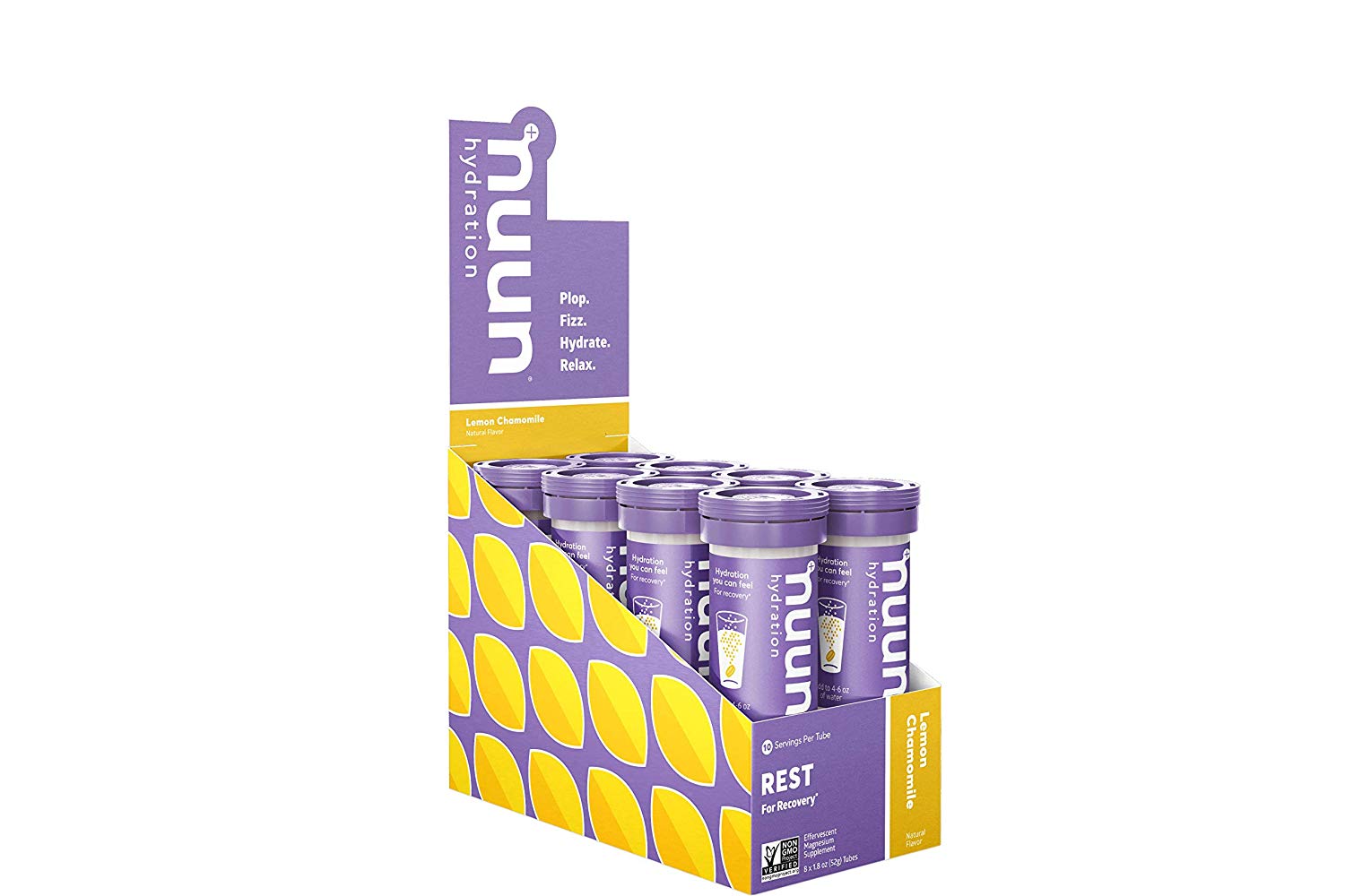 NUUN Hydration Nuun Rest sleep aid tablets in Blackberry Vanilla and Lemon Chamomile flavor, box of 8 tubes with 80 servings.