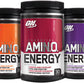 Optimum Nutrition AMIN.O. Energy powder in a container with a scoop, showcasing the product for energy and recovery.