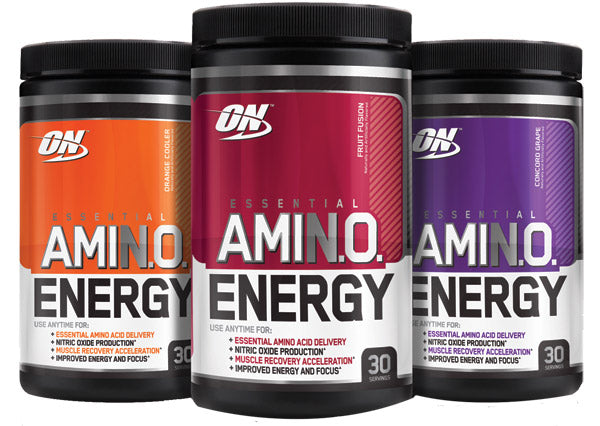 Optimum Nutrition AMIN.O. Energy powder in a container with a scoop, showcasing the product for energy and recovery.