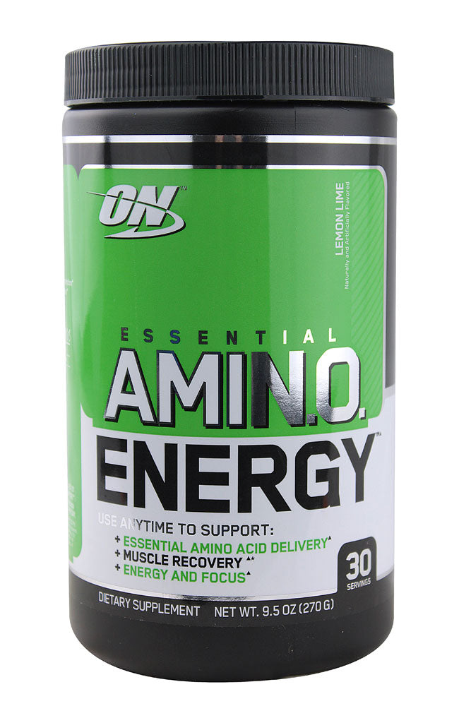 Optimum Nutrition AMIN.O. Energy drink mix in a container with 30 servings, featuring lemon-lime flavor and vibrant packaging.