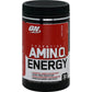 Optimum Nutrition AMIN.O. Energy powder in a container, 30-serving size, with vibrant label and scoop included.