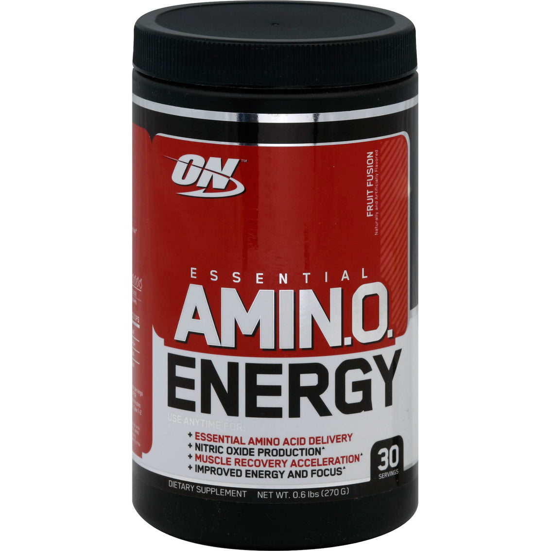 Optimum Nutrition AMIN.O. Energy powder in a container, 30-serving size, with vibrant label and scoop included.