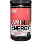Optimum Nutrition AMIN.O. Energy supplement container with a scoop, showcasing 30 servings of energy formula.