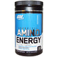 Optimum Nutrition AMIN.O. Energy powder in a black container with a scoop, showcasing its vibrant label and nutrition facts.