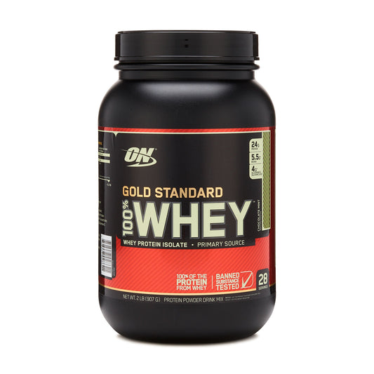 Optimum Nutrition Gold Standard Whey Protein Powder in Mocha Cappuccino flavor, 2lb container showing the product packaging.