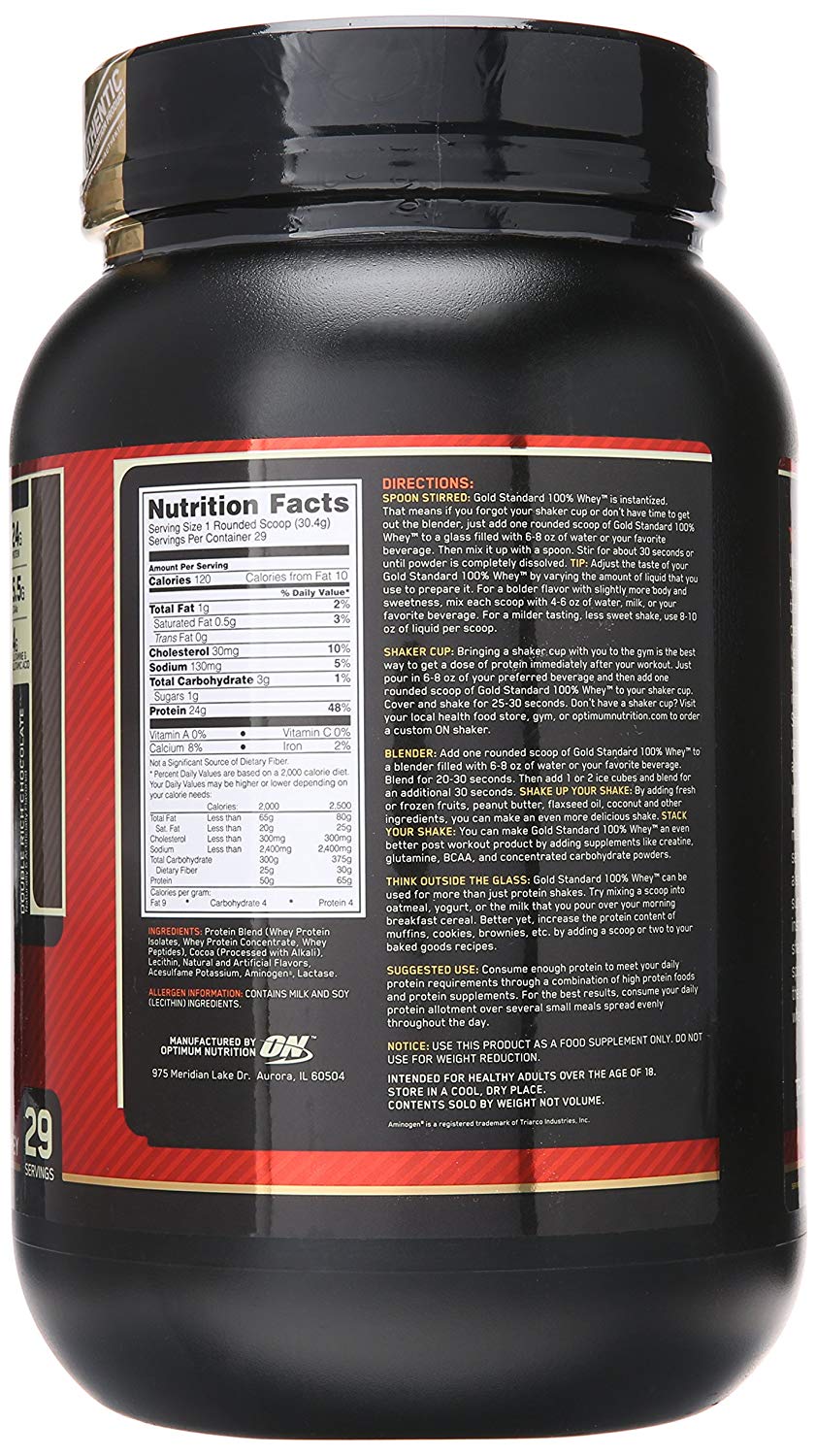 Optimum Nutrition Gold Standard Whey Protein Powder in a container with a scoop, showcasing the product's rich chocolate color.