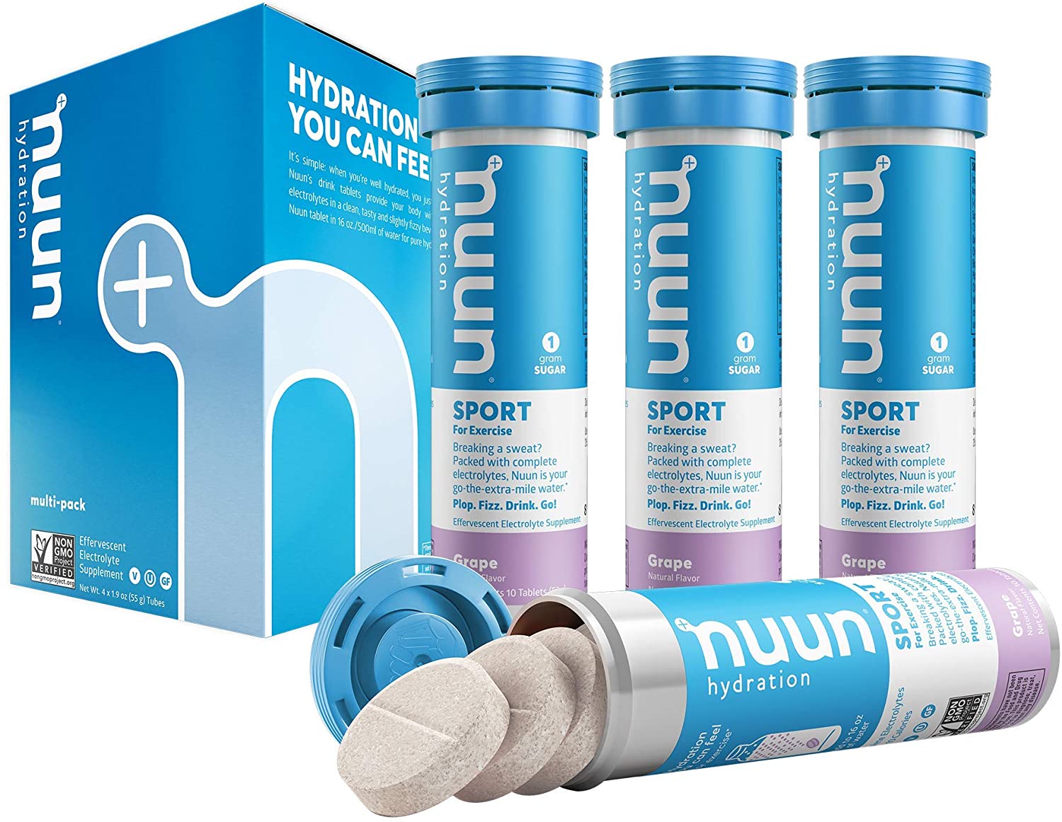 Nuun Sport electrolyte drink tablets by Optygen HP, four tubes with a total of 40 servings displayed on a neutral background.