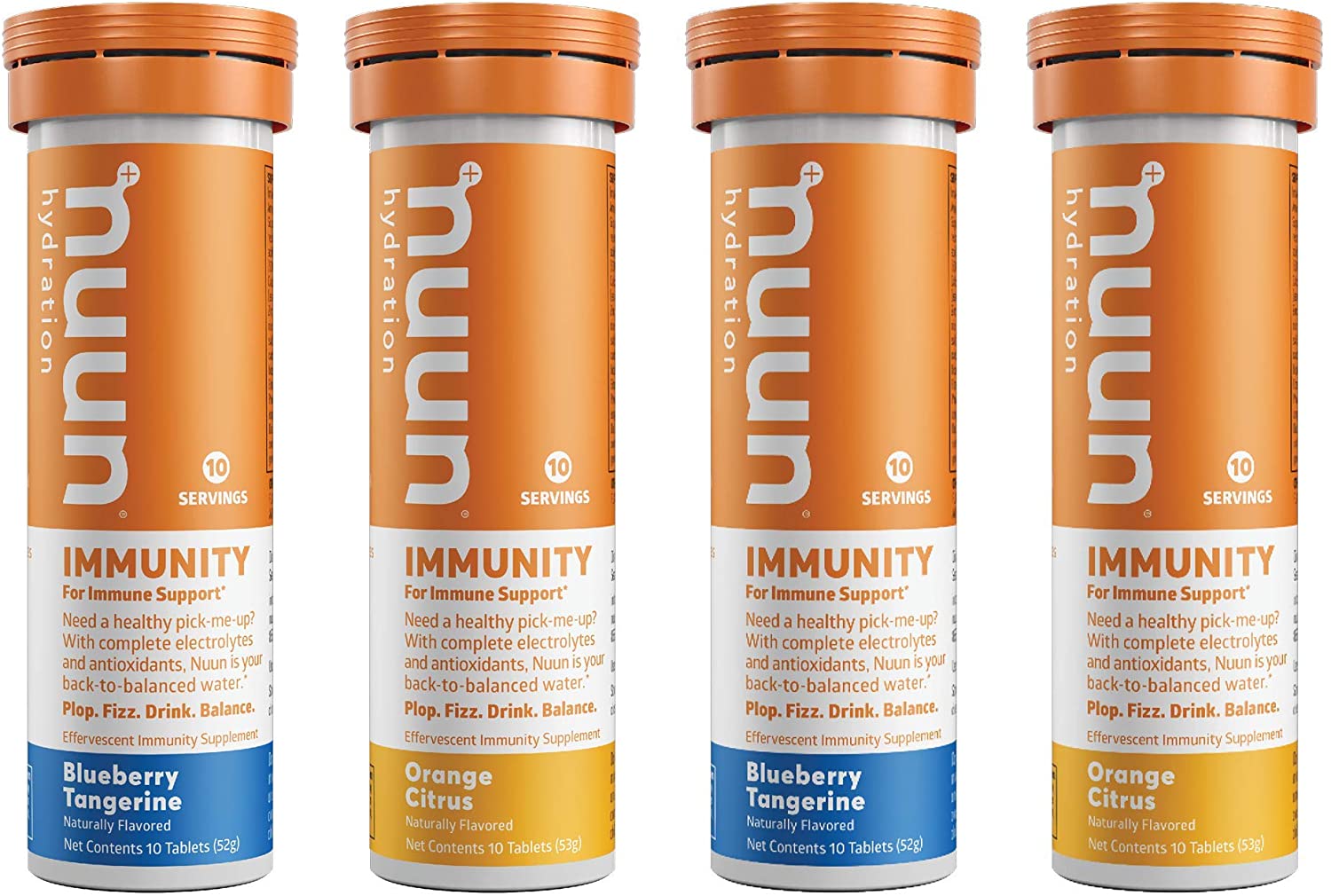 Nuun Immunity hydration supplement tubes in Blueberry Tangerine and Orange Citrus flavors, featuring electrolytes and antioxidants.
