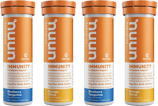 Nuun Immunity hydration supplement tubes in Blueberry Tangerine and Orange Citrus flavors, featuring electrolytes and antioxidants.