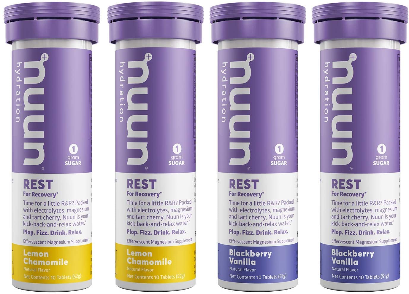 Nuun Rest recovery drink tablets with magnesium citrate, tart cherry, electrolytes, lemon chamomile, and blackberry vanilla flavor in 4 tubes