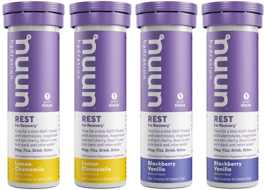 Nuun Rest recovery drink tablets with magnesium citrate, tart cherry, electrolytes, lemon chamomile, and blackberry vanilla flavor in 4 tubes