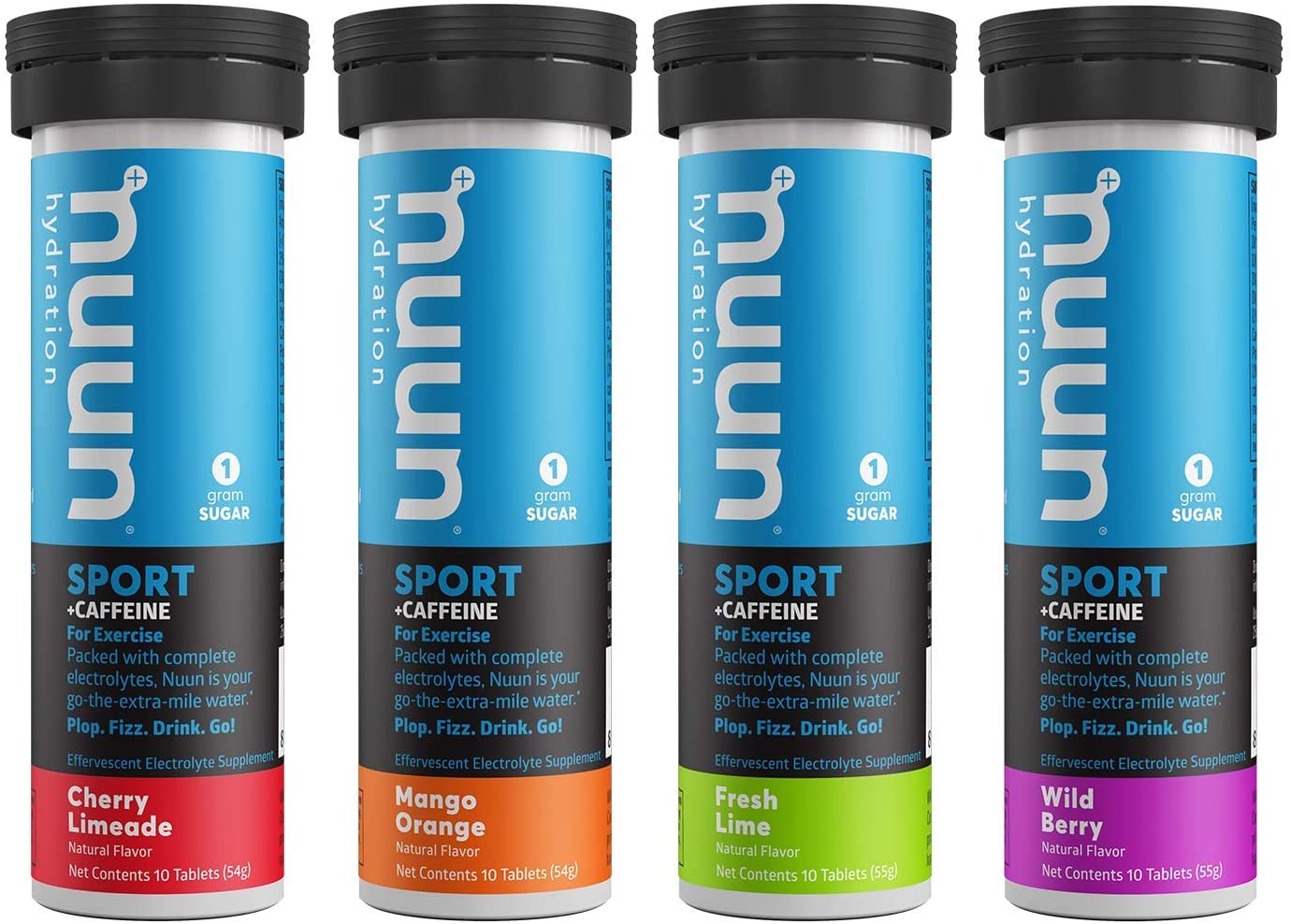 Nuun Sport + Caffeine electrolyte drink tablets in mixed flavors, 10-count box, by Optygen HP for hydration and energy.