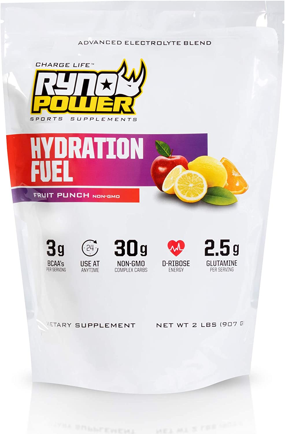 Ryno Power Hydration Fuel advanced electrolyte formula with BCAA's in a sleek container, ideal for energy and recovery.