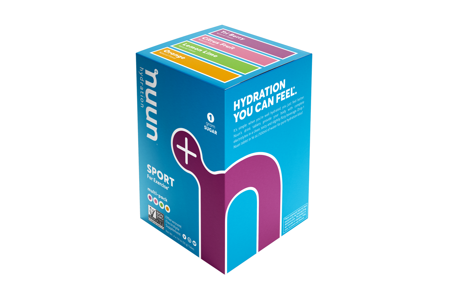 Nuun 3.0 Sport effervescent electrolyte tablets in a colorful box, showcasing multiple tubes for hydration and immunity support.