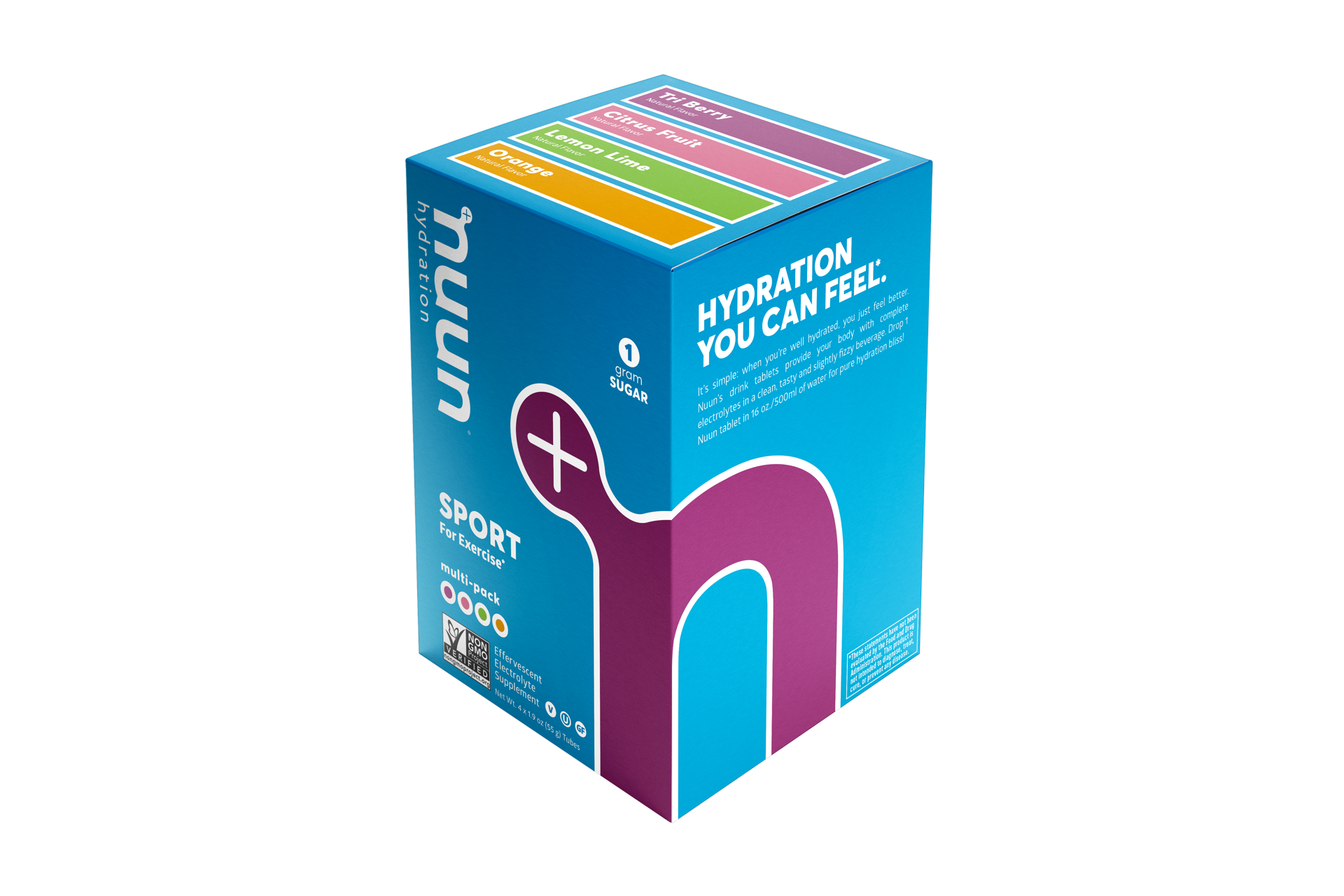 Nuun 3.0 Sport effervescent electrolyte tablets in a colorful box, showcasing multiple tubes for hydration and immunity support.