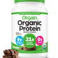 Orgain Organic Vegan Protein Powder in Creamy Chocolate Fudge flavor, showing the 2.03 lb container with label details.