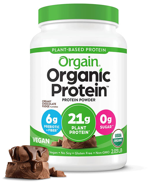 Orgain Organic Vegan Protein Powder in Creamy Chocolate Fudge flavor, showing the 2.03 lb container with label details.
