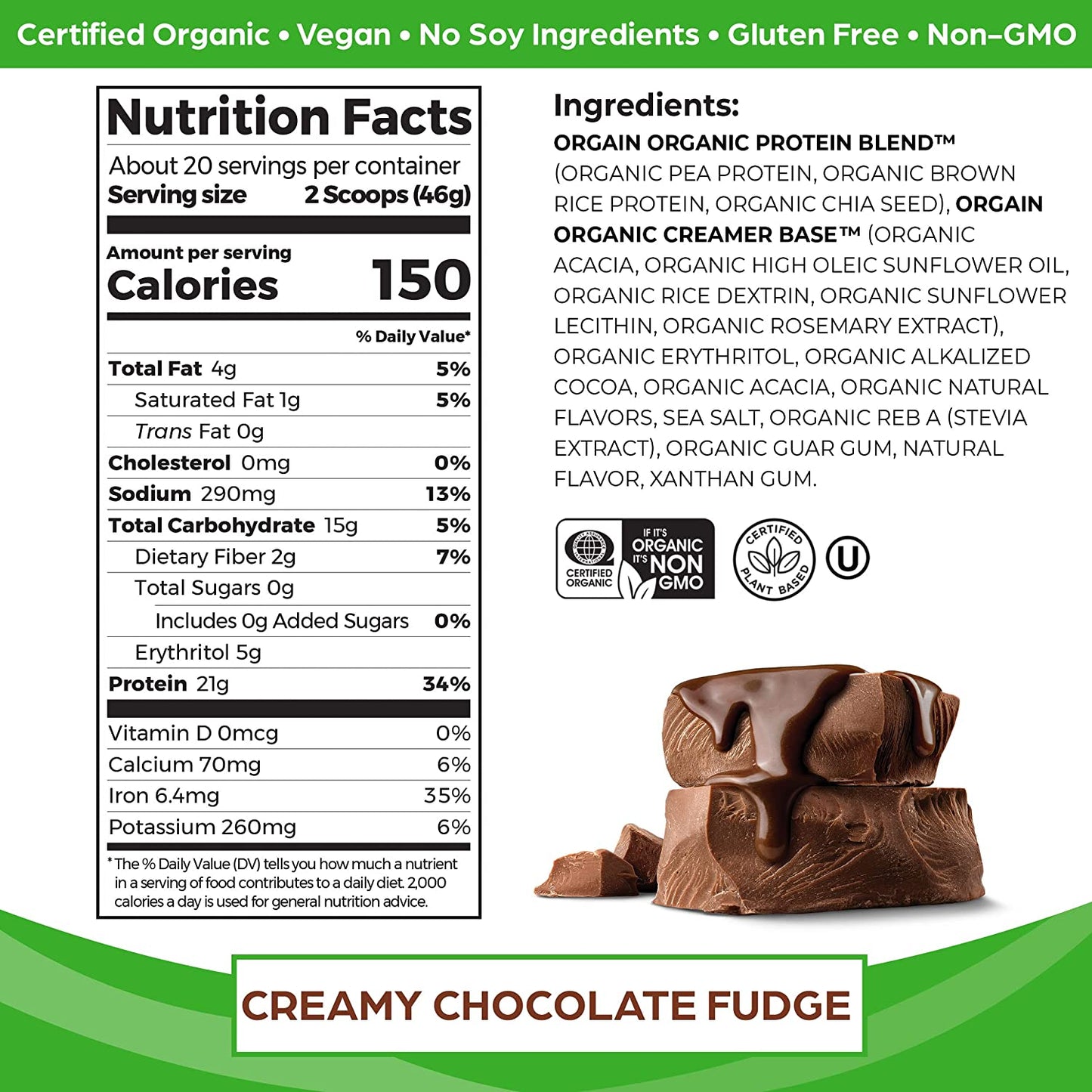Orgain Organic Vegan Protein Powder in Creamy Chocolate Fudge flavor, showcasing the packaged plant-based protein powder.