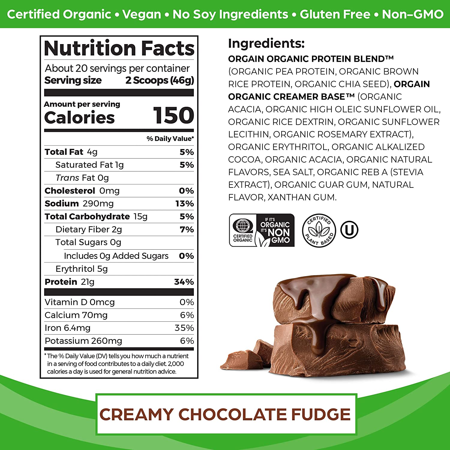 Orgain Organic Vegan Protein Powder in Creamy Chocolate Fudge flavor, showcasing the packaged plant-based protein powder.