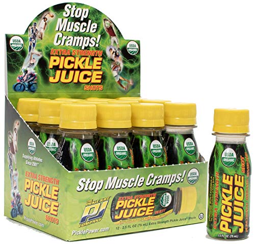 Pickle Juice Extra Strength Shots, 2.5 oz electrolyte replacement bottles, 24-pack showing bottles with pickle juice.