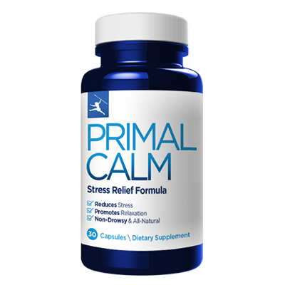 Primal Calm supplement bottle with 60 capsules by Primal Nutrition, featuring a white label with blue and green accents.