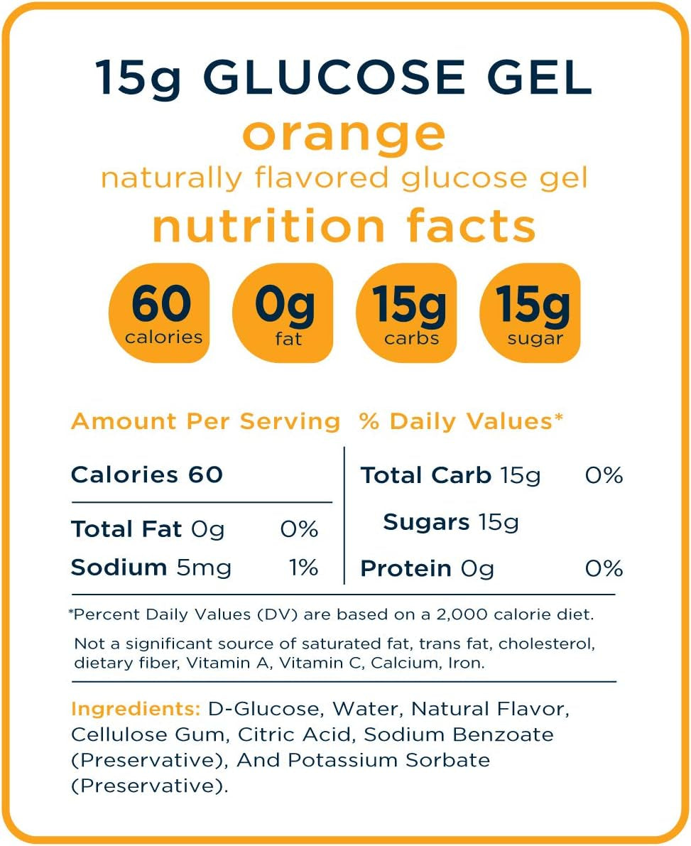 Proline Sports Nutrition glucose gel packs in orange flavor, 30 packs of 1.1 oz for blood sugar support, made in the USA.