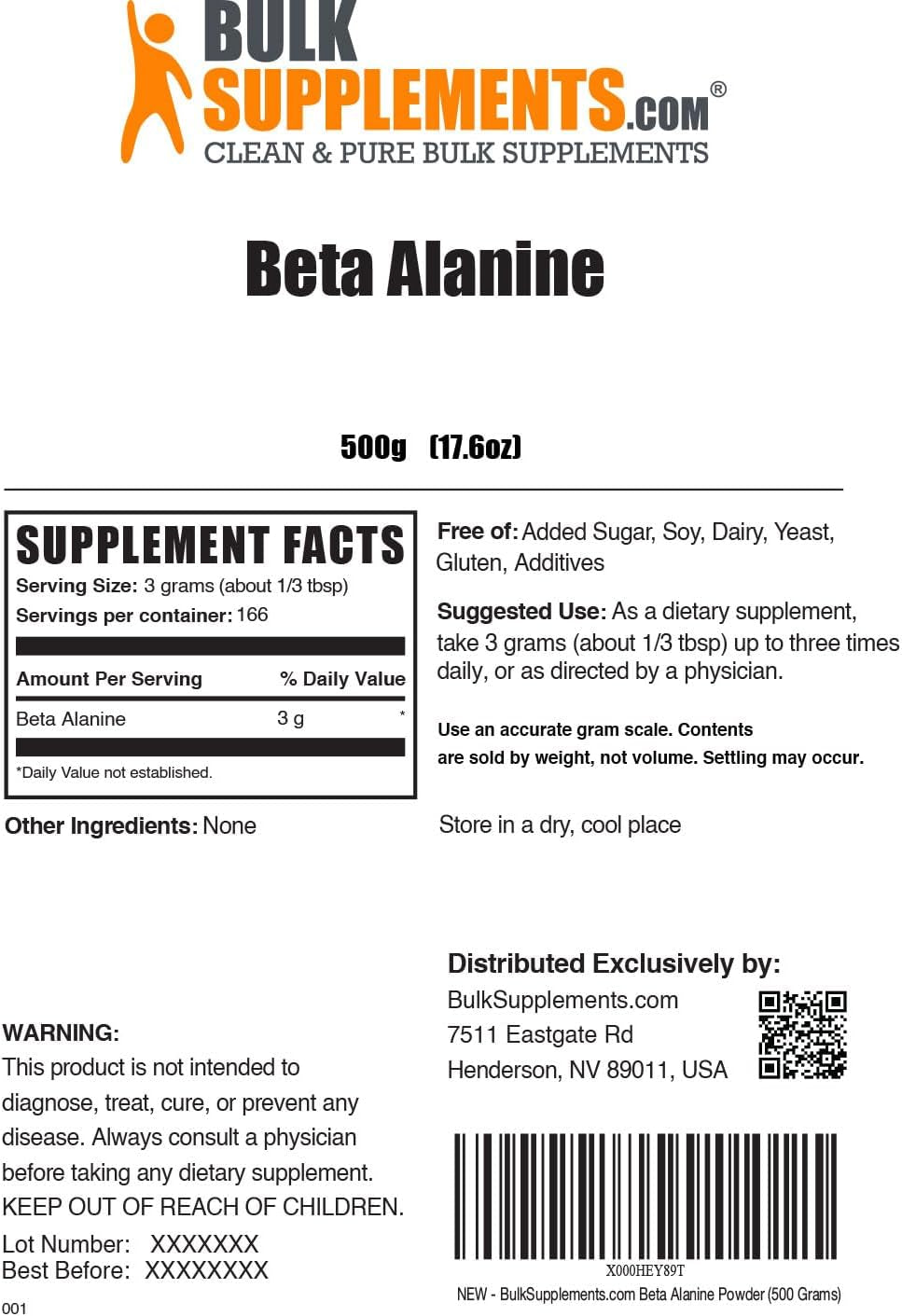 Beta Alanine Powder - Beta Alanine Pre Workout, Beta Alanine 3000Mg - Beta Alanine 500G, Beta Alanine Bulk - Unflavored, Pure & Gluten Free, 3G per Serving, 500G (1.1 Lbs)