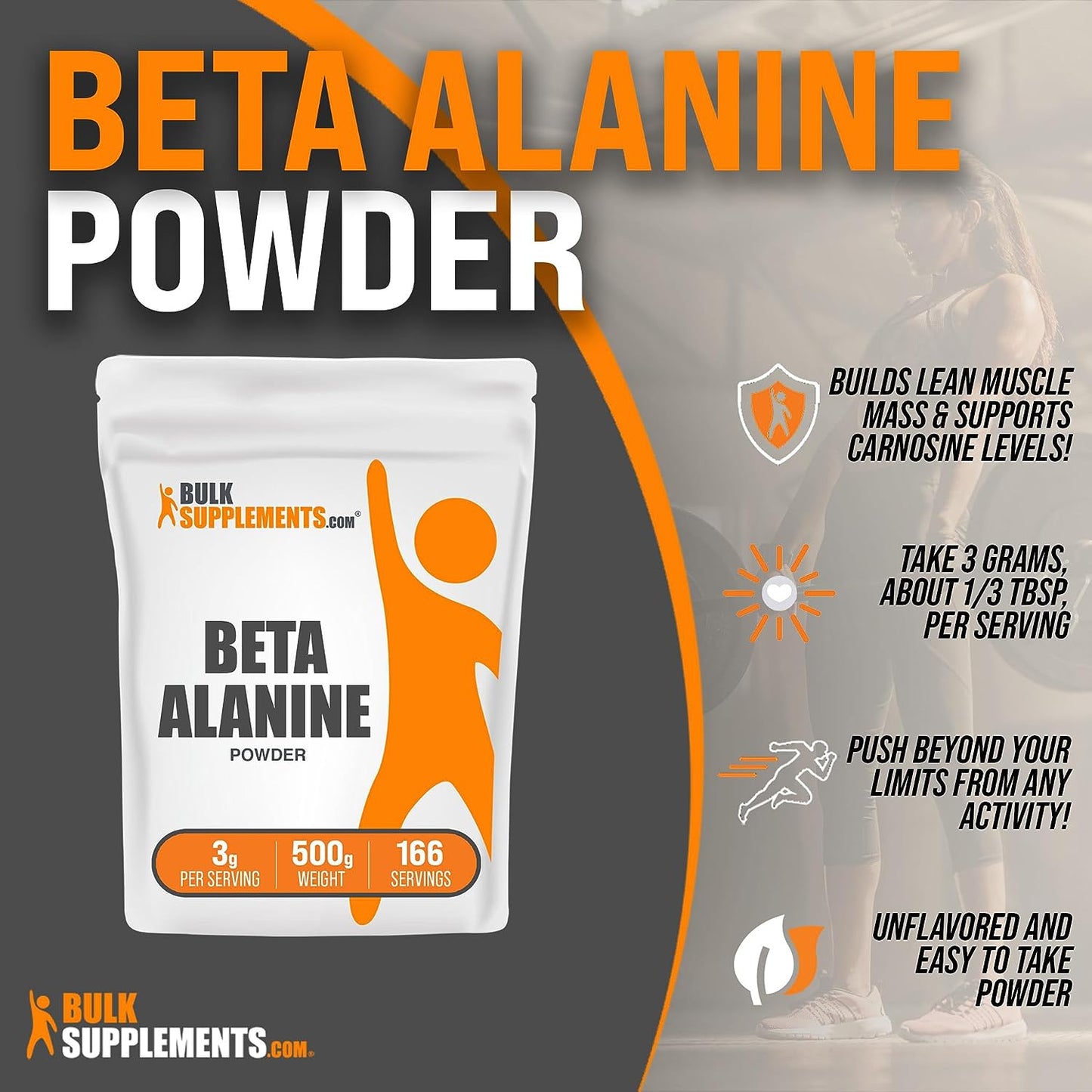 Beta Alanine Powder - Beta Alanine Pre Workout, Beta Alanine 3000Mg - Beta Alanine 500G, Beta Alanine Bulk - Unflavored, Pure & Gluten Free, 3G per Serving, 500G (1.1 Lbs)