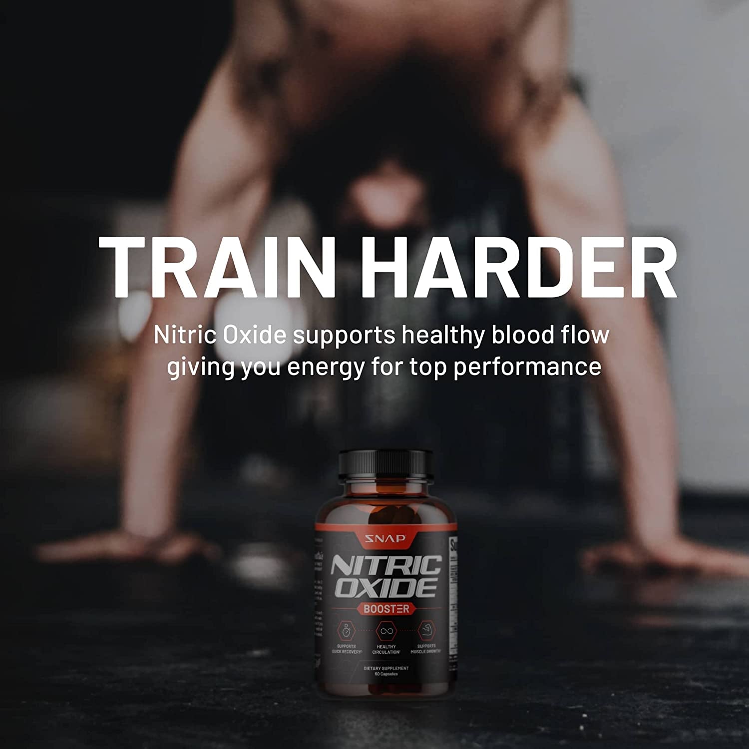 Proline Sports Nutrition Nitric Oxide Booster bottle with 60 capsules, designed to enhance stamina and endurance during workouts.