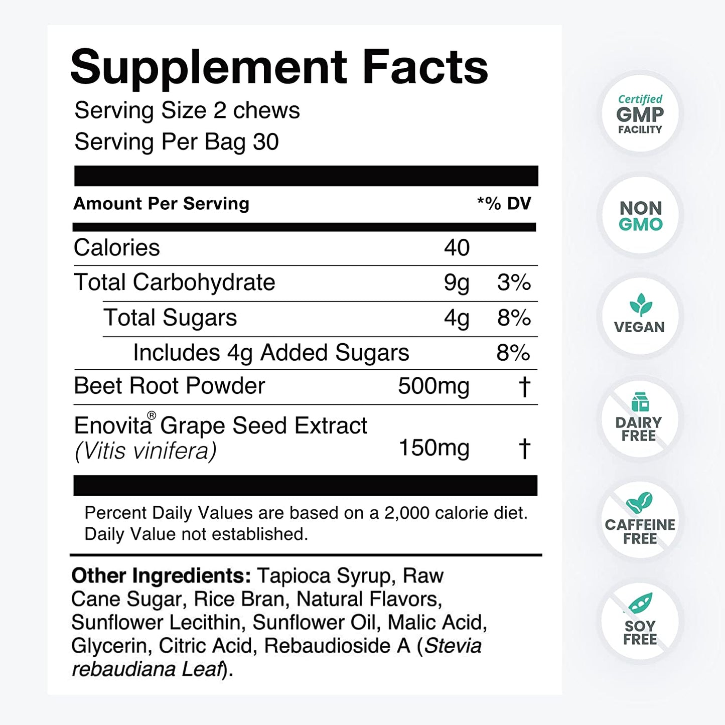 Superbeets Heart Chews - Nitric Oxide Production and Blood Pressure Support - Grape Seed Extract & Non-Gmo Beet Energy Chews - Pomegranate Berry Flavor - 60 Count