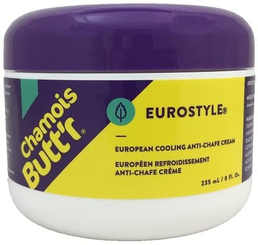 Eurostyle Anti-Chafe Cream by PROLINE SPORTS NUTRITION in an 8-ounce jar, used to prevent skin chafing and irritation.