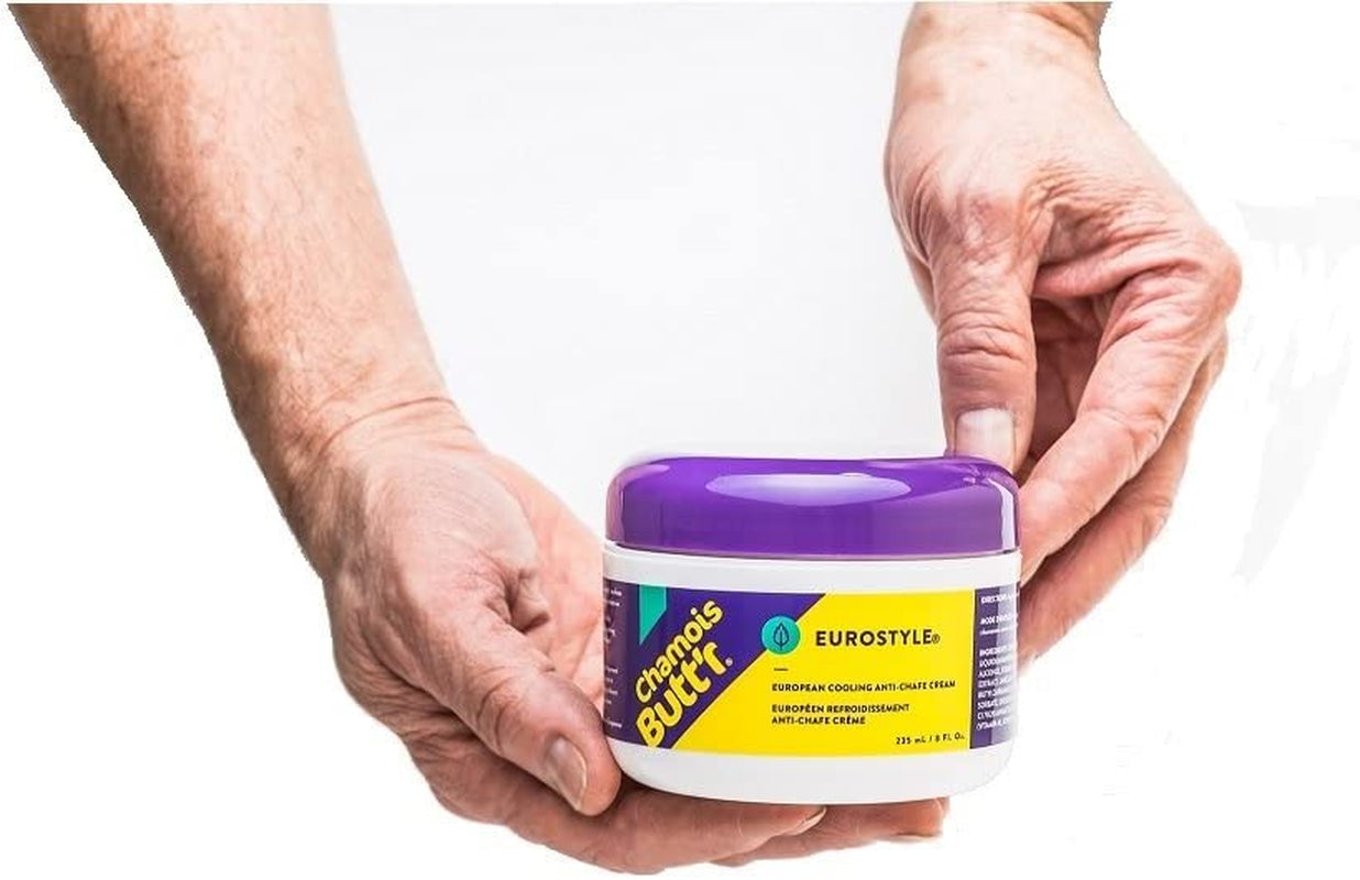 Eurostyle Anti-Chafe Cream by PROLINE SPORTS NUTRITION in an 8-ounce jar, ideal for preventing skin chafing during physical activity.