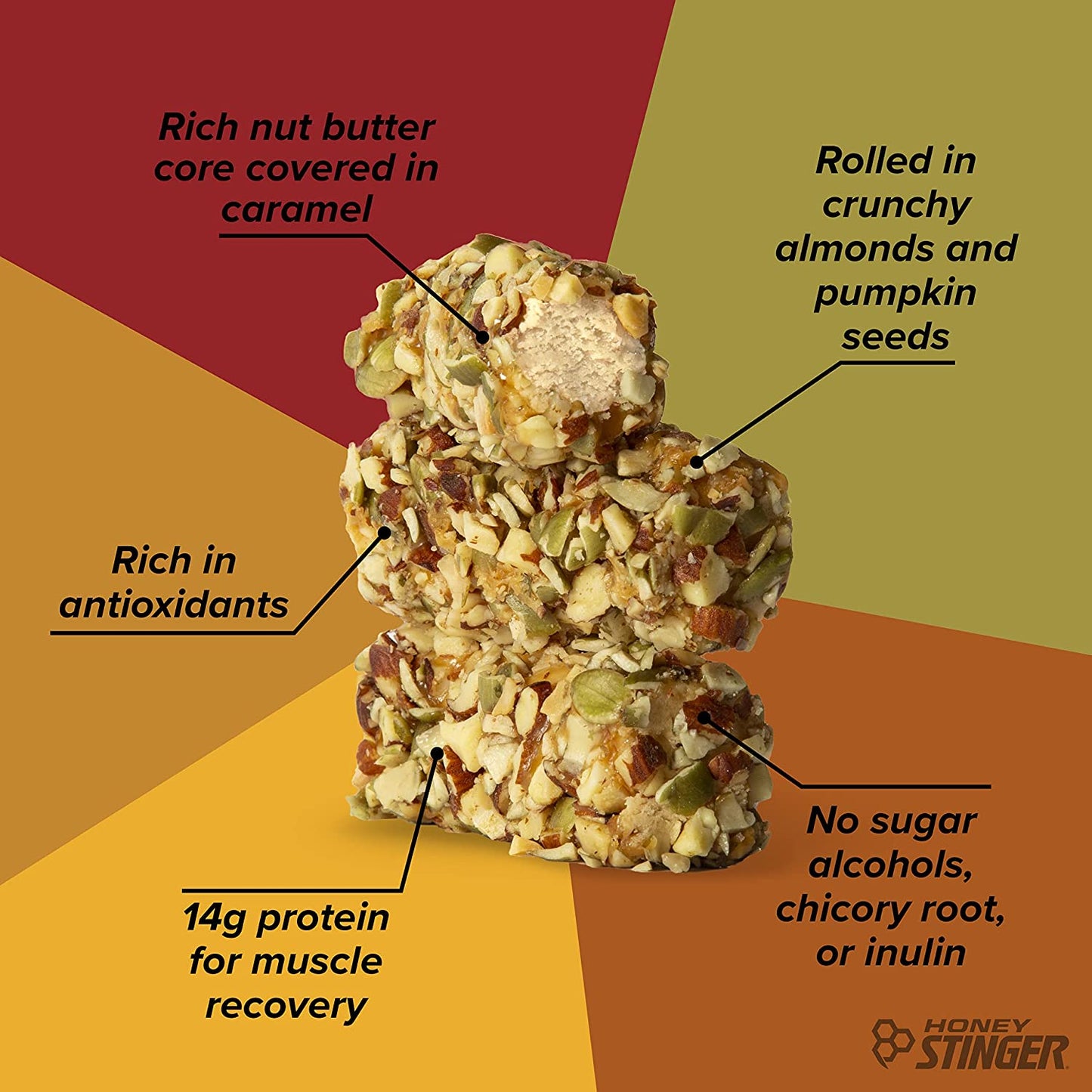 PROLINE SPORTS NUTRITION almond and pumpkin seed protein bar, close-up of crunchy nut and seed texture for post-workout recovery.