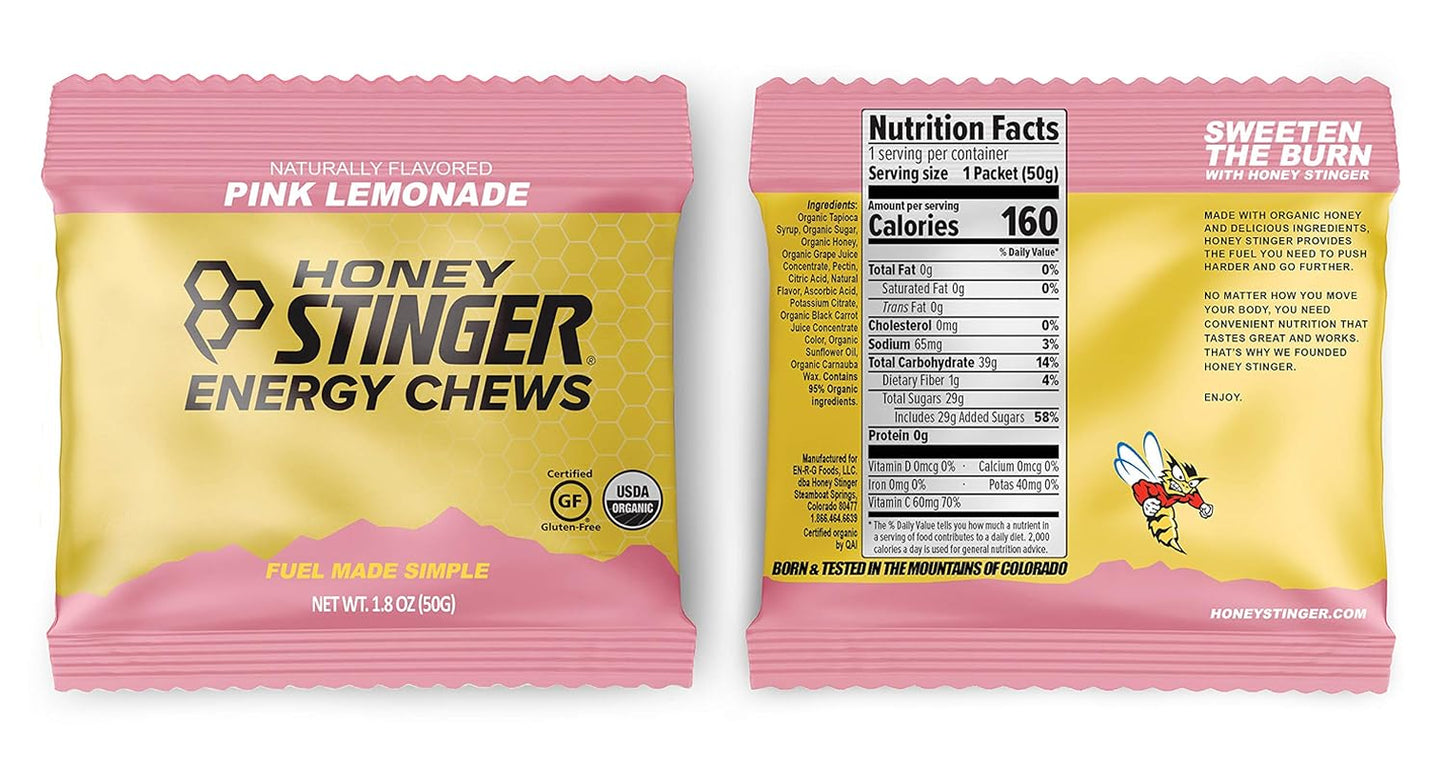 Organic Energy Chews variety pack by PROLINE SPORTS NUTRITION, 8 chewy gummies in pink lemonade, fruit smoothie, pomegranate, cherry blossom.